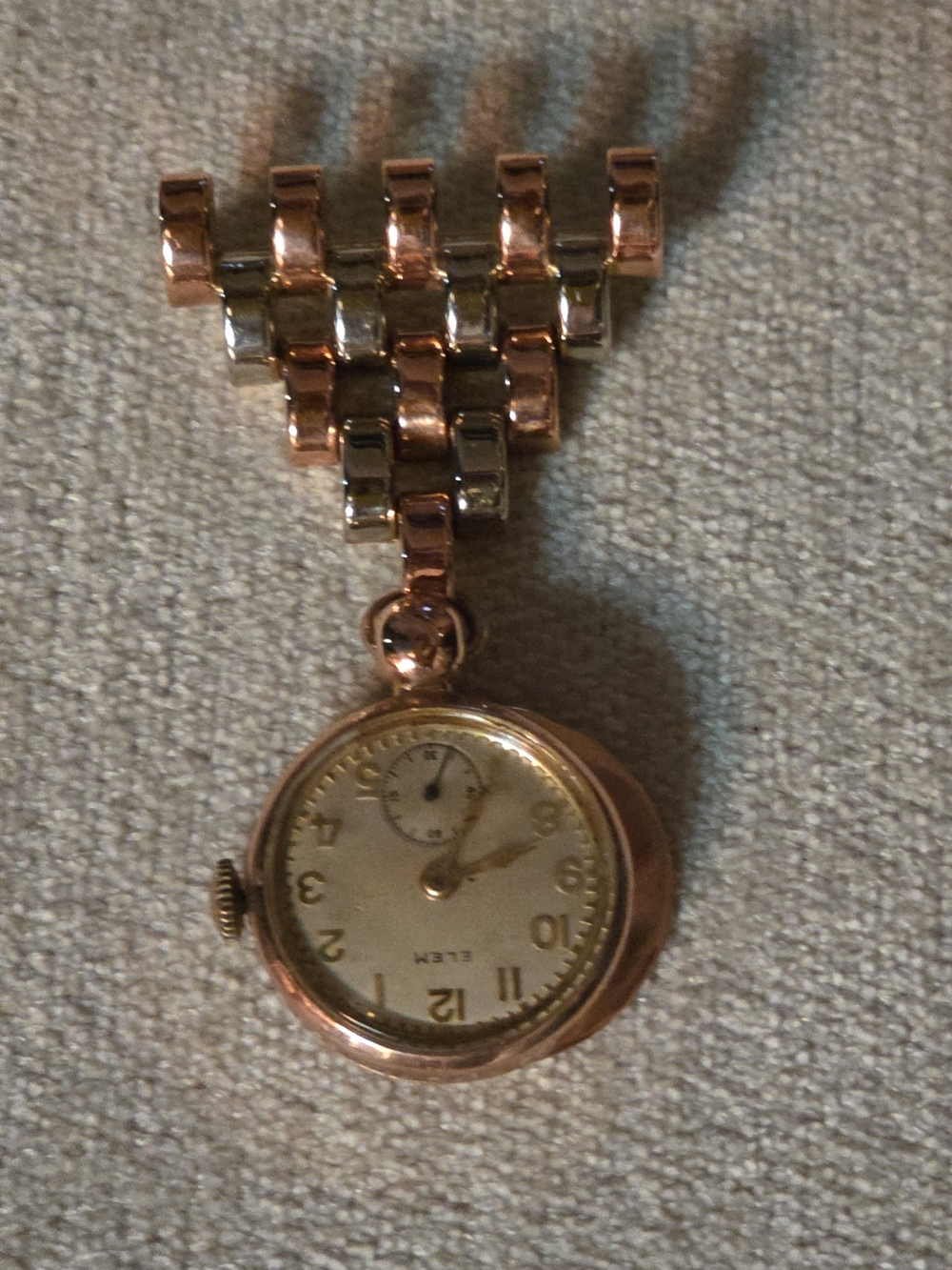 Vintage ELEM  14kt Rose & White Gold Nurses Pin Watch